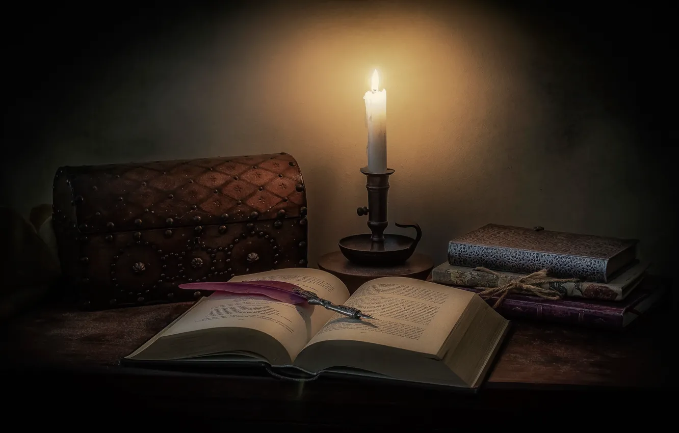 Photo wallpaper style, pen, candle, box, book, still life, the casket