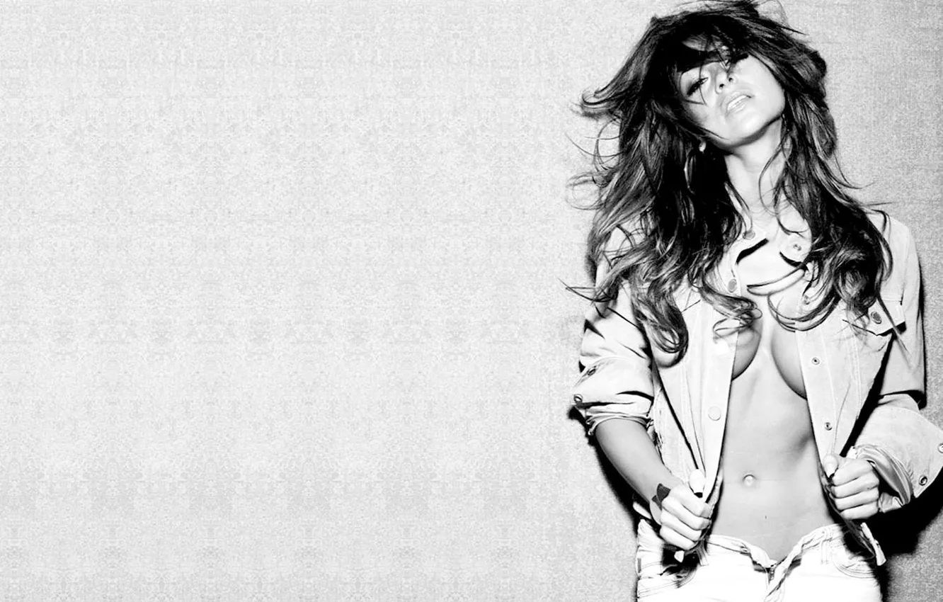 Photo wallpaper sexy, cleavage, hair, B&amp;W, Laura Michelle Prestin, open shirt