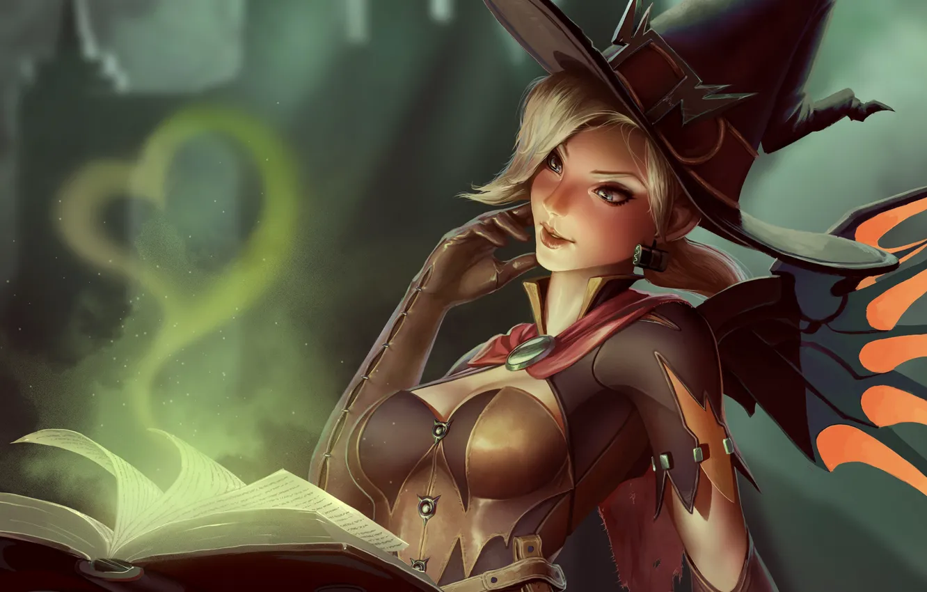 Photo wallpaper girl, hat, art, book, witch, Overwatch, mercy, Angela Ziegler