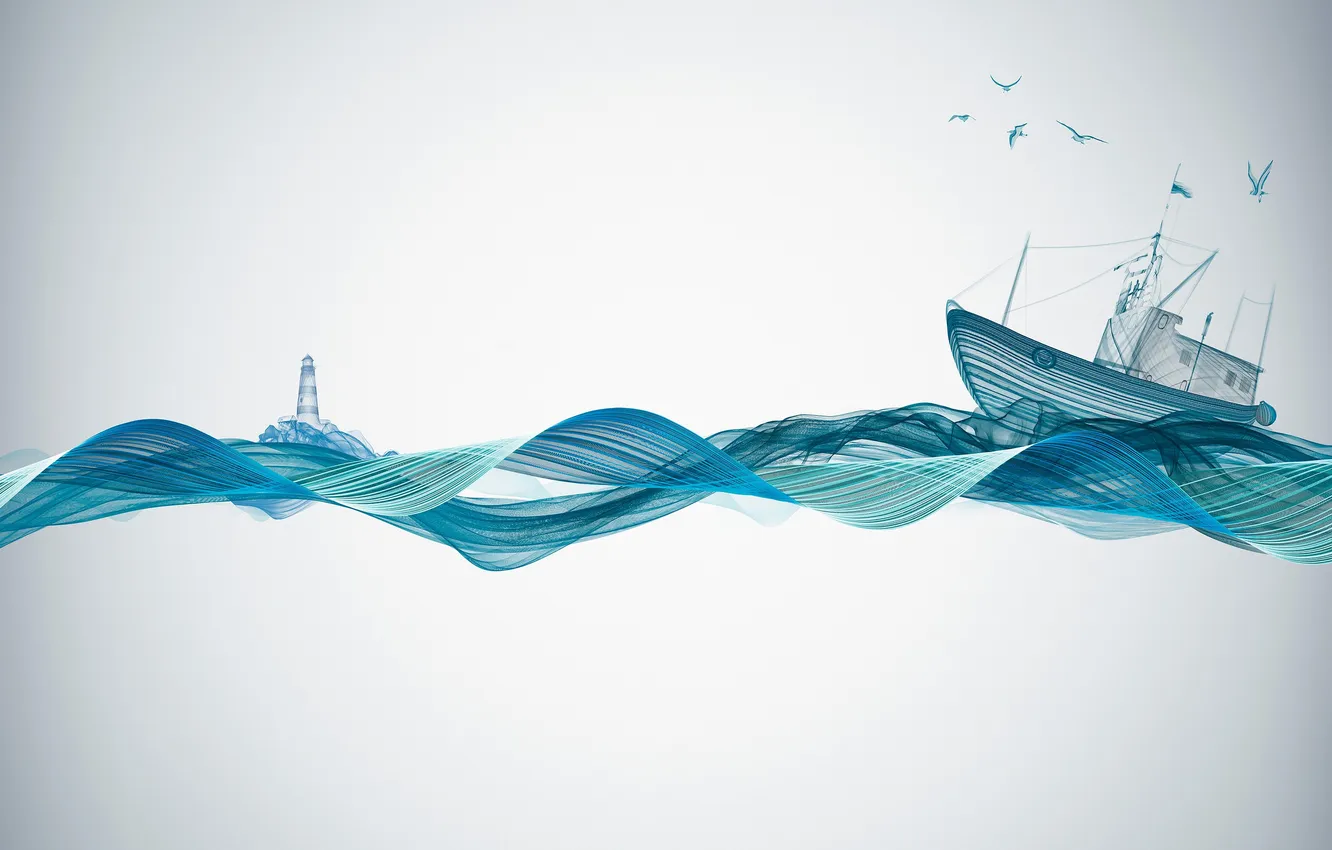 Photo wallpaper sea, wave, bird, boat, lighthouse, minimalism, light background