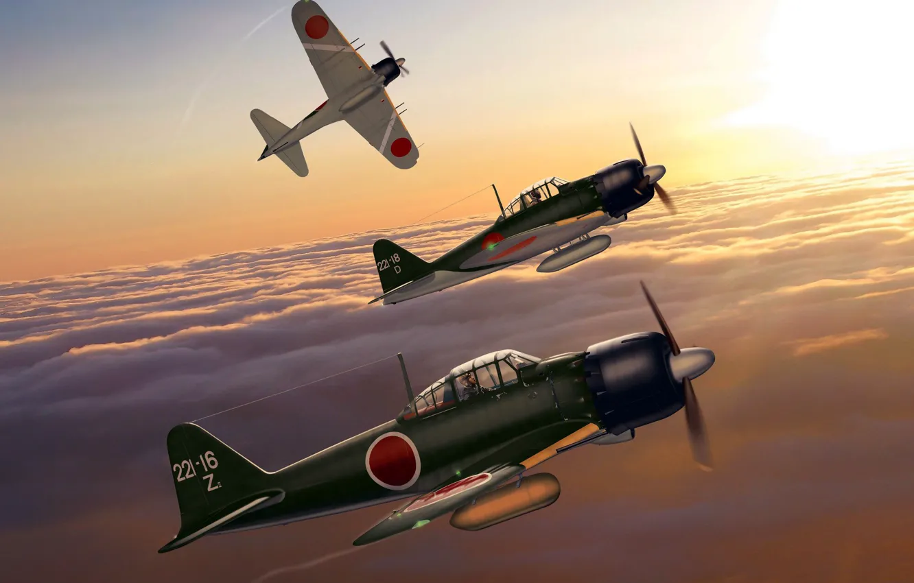 Photo wallpaper Japan, art, Mitsubishi, fighter-interceptor, WW2, A6M5 Zero, The Navy of Imperial Japan