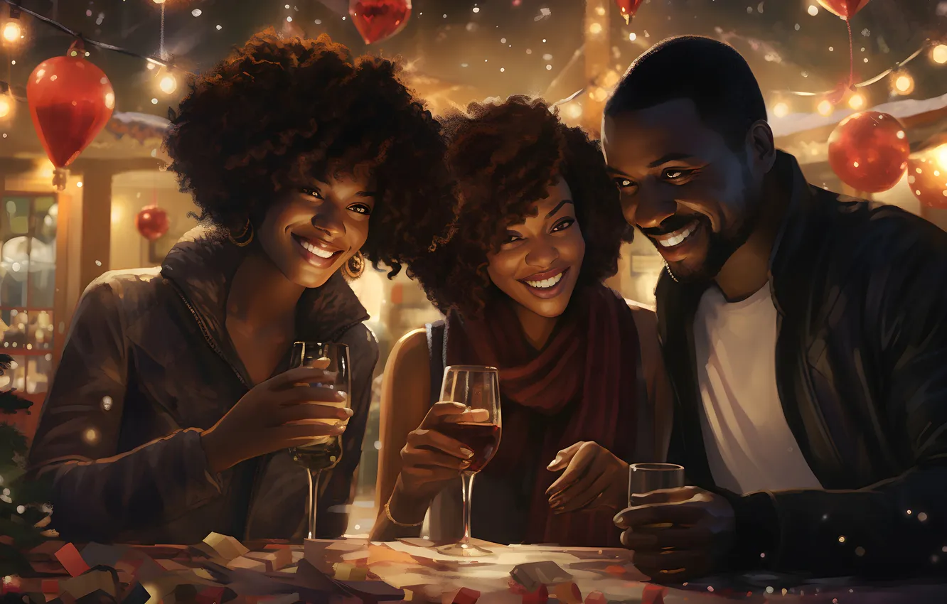 Photo wallpaper Girls, Glasses, Smile, Table, Christmas, New year, Male, Three