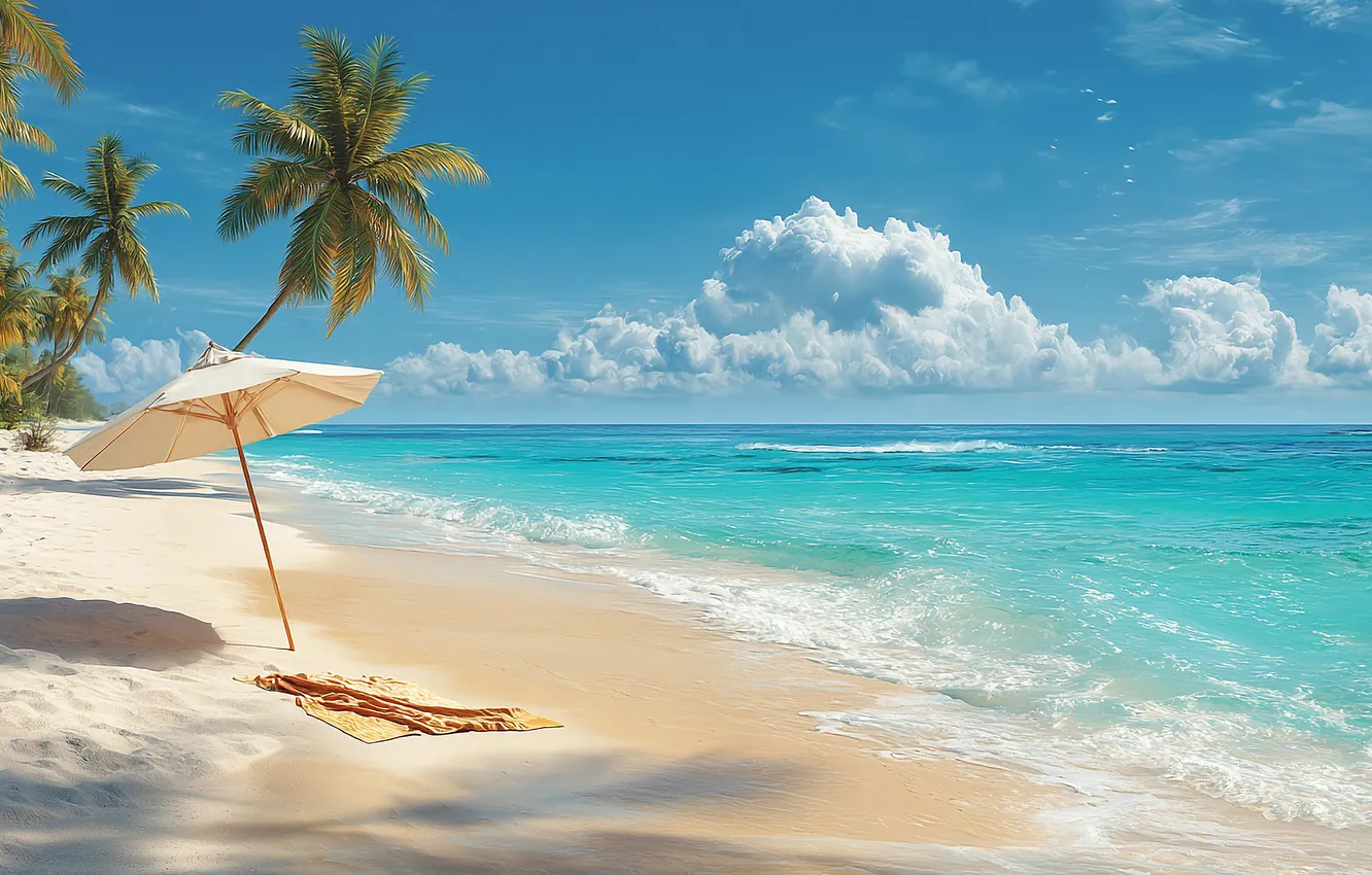 Photo wallpaper sand, sea, wave, beach, the sky, clouds, light, tropics