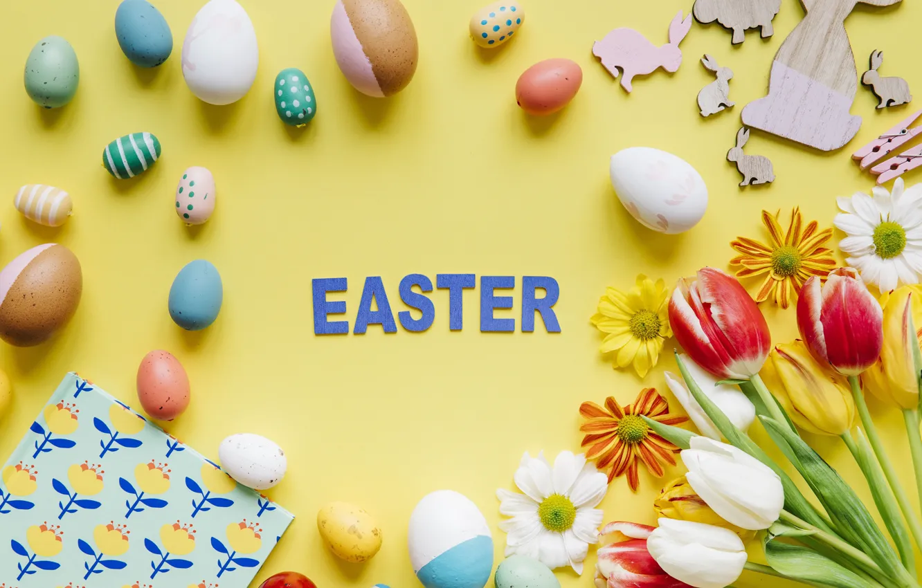 Photo wallpaper flowers, holiday, eggs, Easter, tulips, figures, chrysanthemum