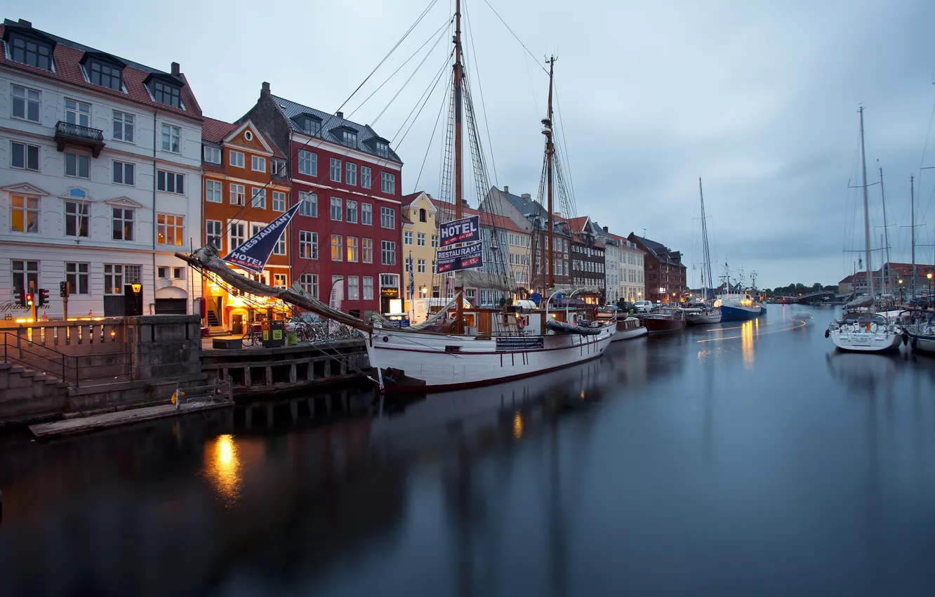 Photo wallpaper the city, river, ship, home, pier, port, schooner