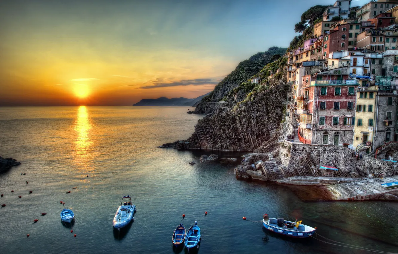 Photo wallpaper sea, the sun, sunset, rocks, home, boats, Italy, Riomaggiore