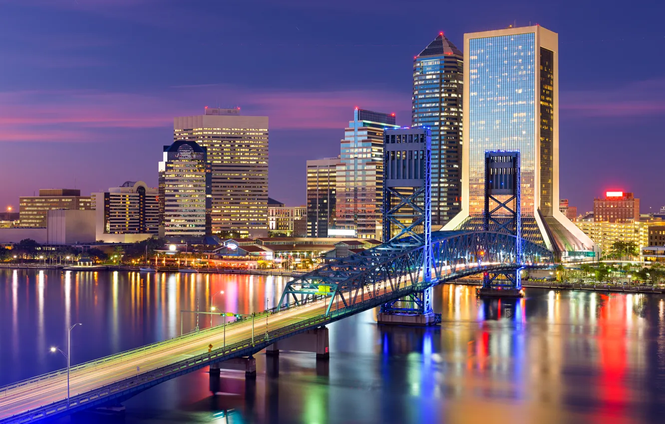 Photo wallpaper bridge, river, building, FL, backlight, USA, Jacksonville, Jacksonville
