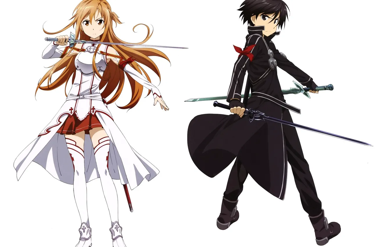 Photo wallpaper white background, red, cloak, sword art online, yuuki asuna, sword art online, Kirito, Kirigaya Kazuto
