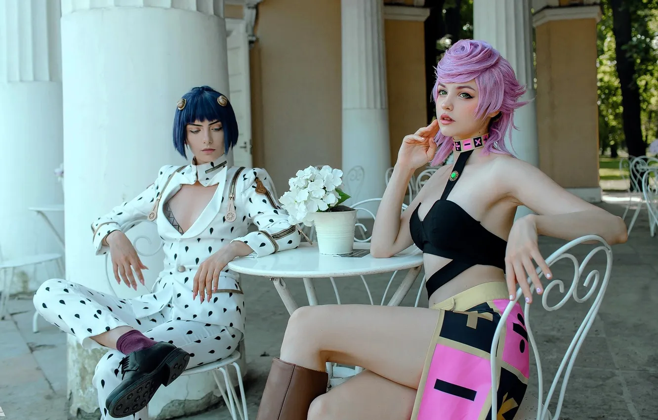 Photo wallpaper flowers, Park, table, chair, costume, outfit, columns, image