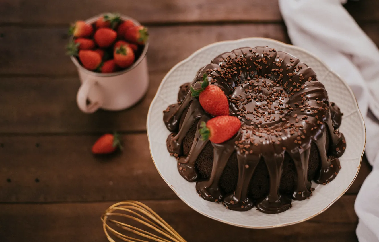 Photo wallpaper food, chocolate, strawberry, plate, pie, mug, cake, fabric
