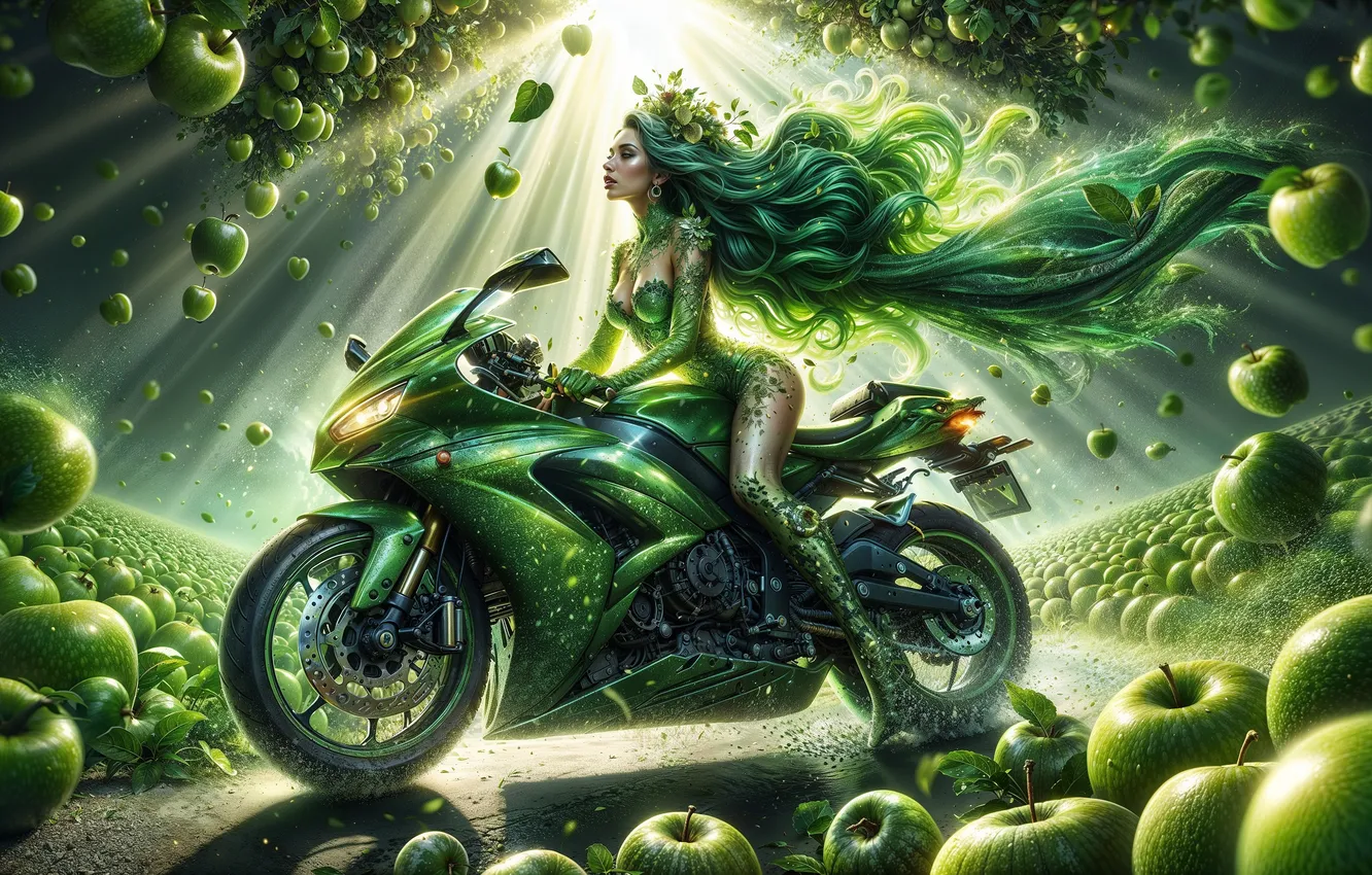Photo wallpaper girl, Moto, green apples