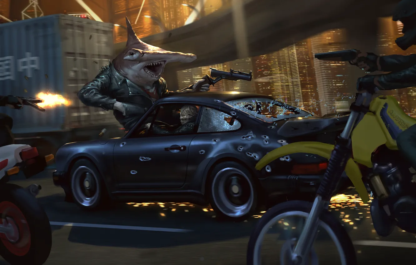 Photo wallpaper chase, shark, motorcycle, shooting