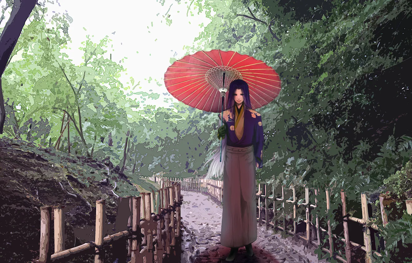 Photo wallpaper road, the sky, trees, style, umbrella, Japan, Anime, guy