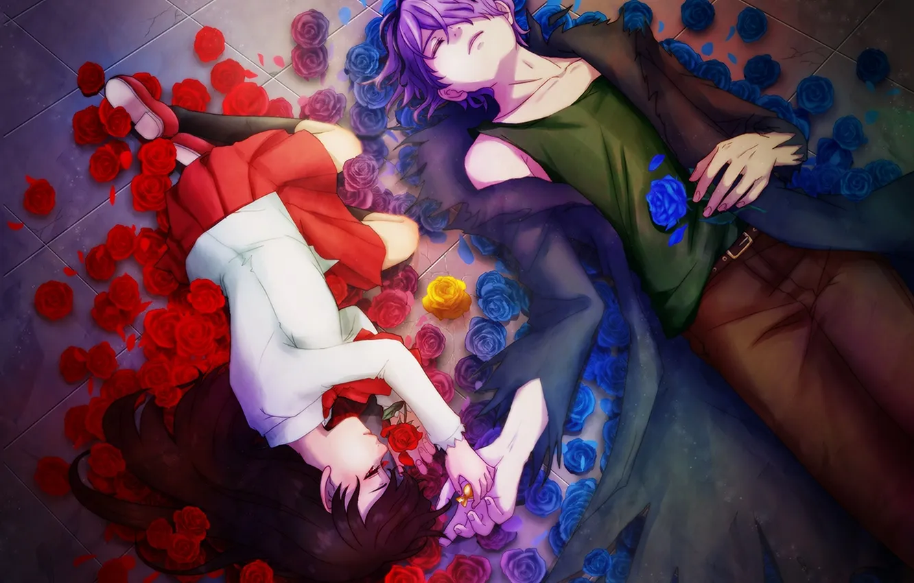 Photo wallpaper girl, flowers, roses, petals, art, candy, guy, Gary