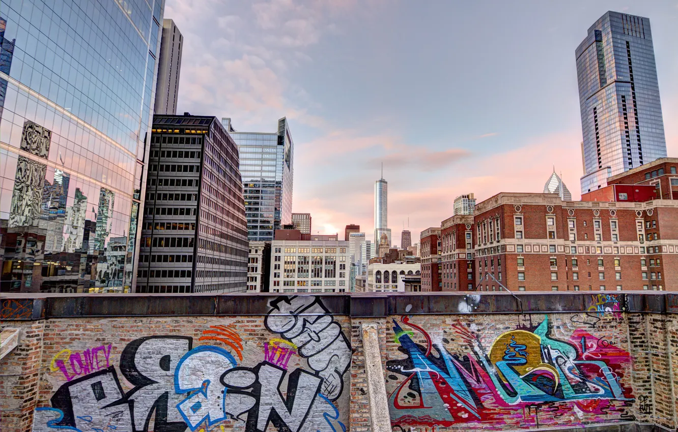 Photo wallpaper the sky, the city, graffiti, the fence, skyscrapers, Chicago, Illinois