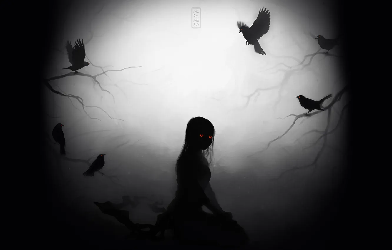Photo wallpaper forest, girl, trees, darkness, bird, crows, red eyes