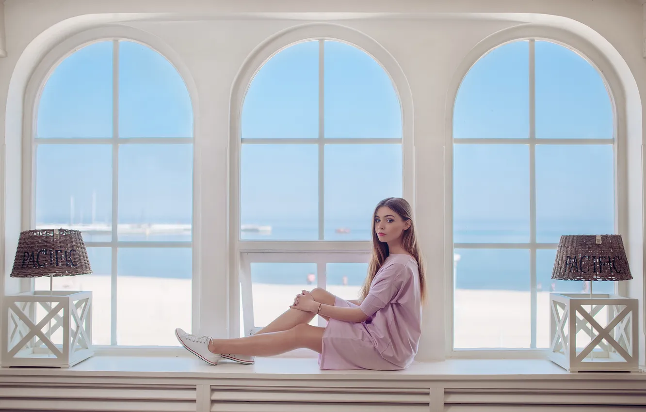 Photo wallpaper girl, pose, window, sill, sitting