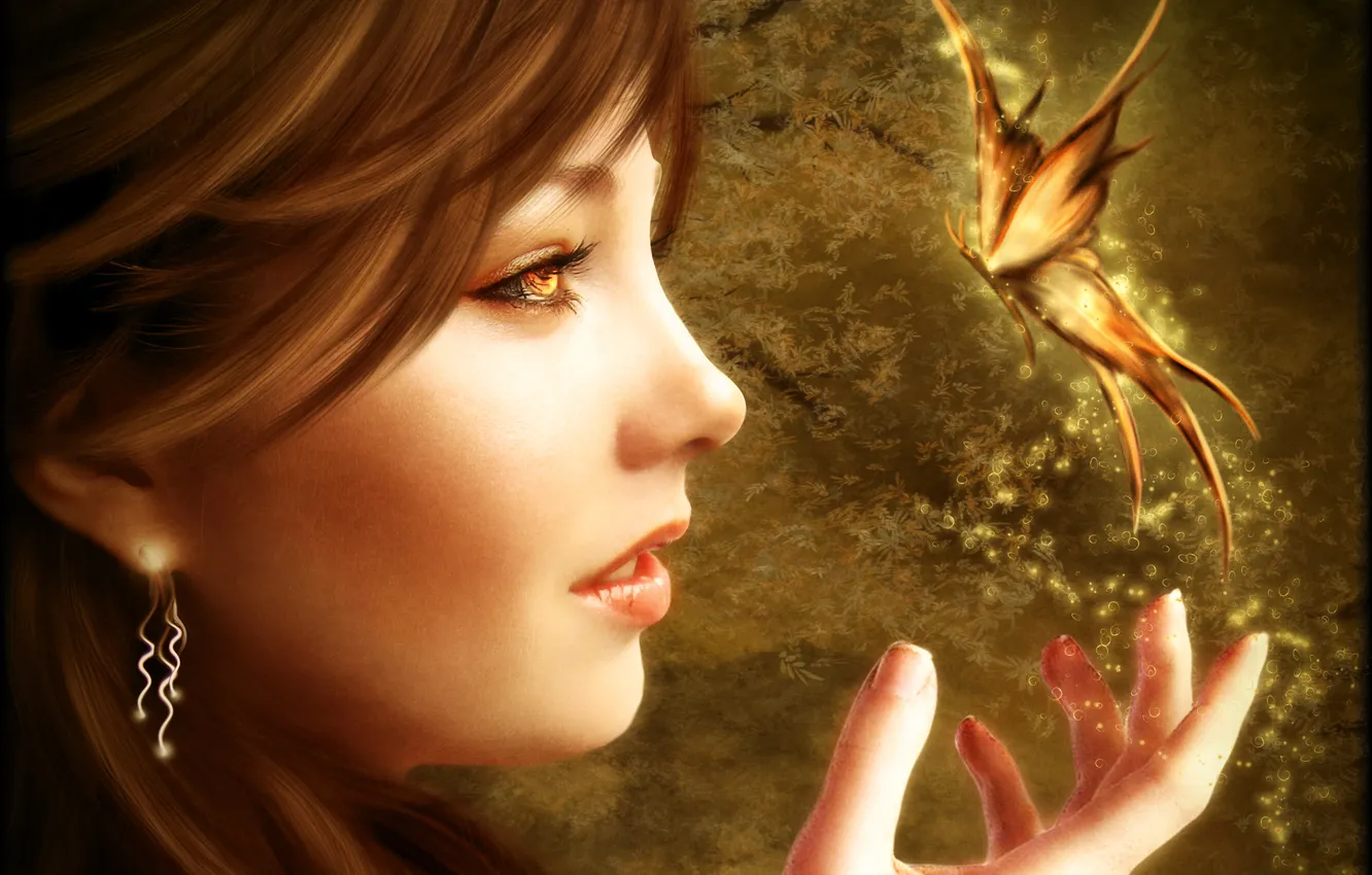 Photo wallpaper girl, light, face, fiction, magic, butterfly, hands, art