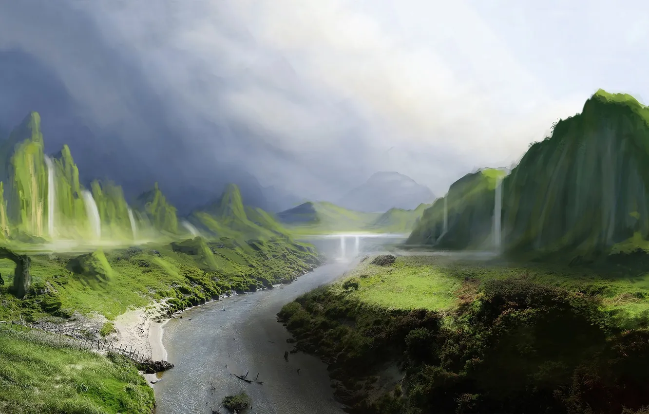 Photo wallpaper mountains, river, hills, waterfall, fantasy.the sky