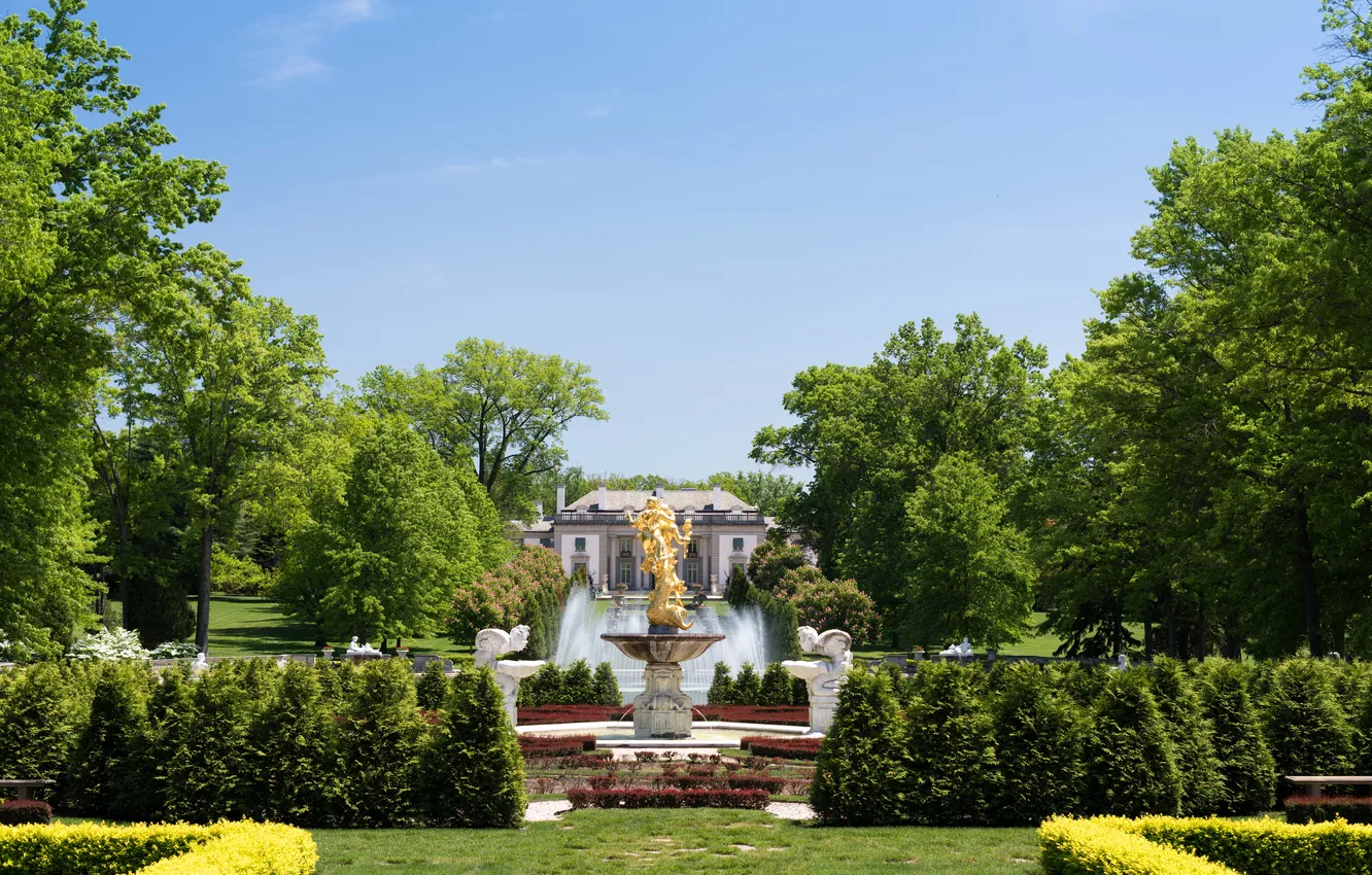 Photo wallpaper greens, trees, design, Park, beauty, fountain, USA, architecture