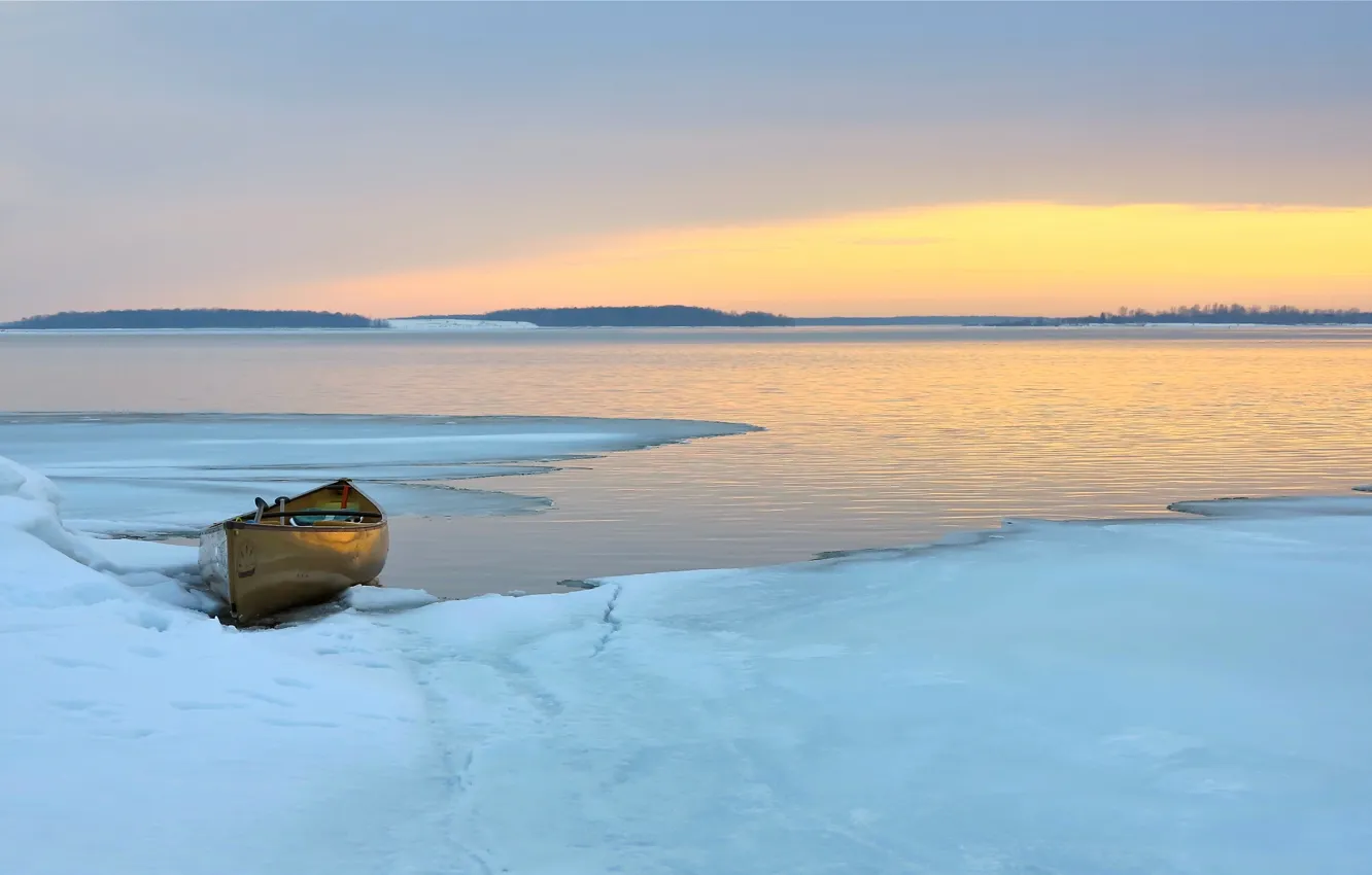 Photo wallpaper Sunset, Ice, Lake, Boat