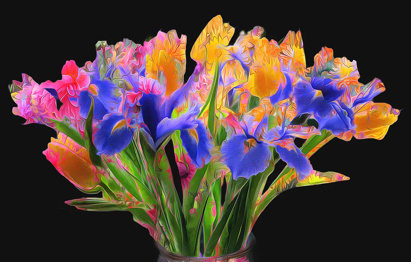 Photo wallpaper line, flowers, paint, bouquet, tulips, iris