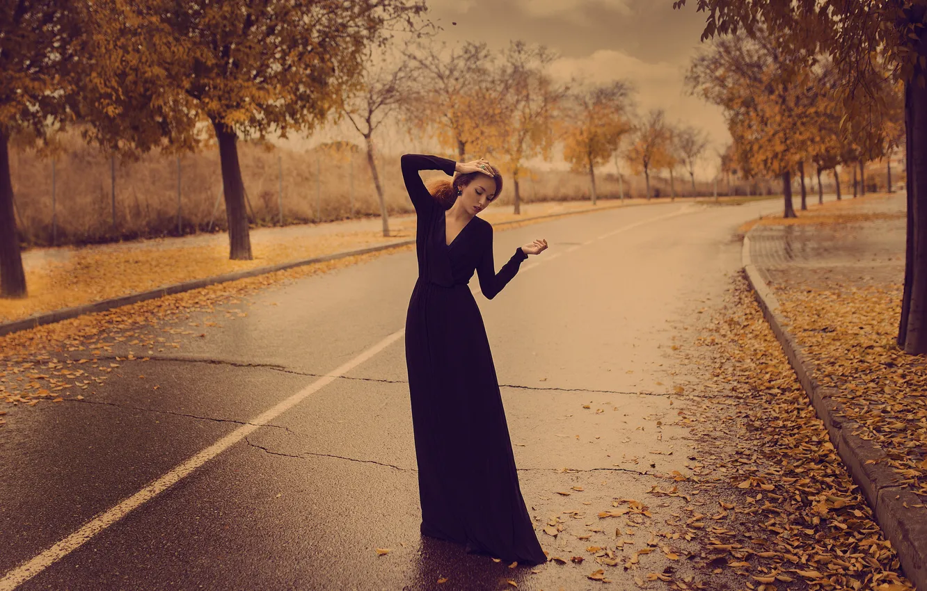 Photo wallpaper autumn, girl, pose, street, dress
