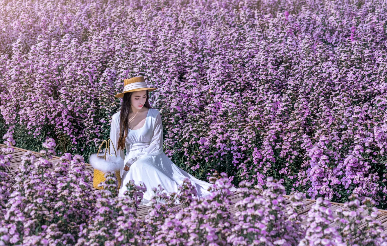 Photo wallpaper field, girl, light, flowers, pose, hat, dress, Asian