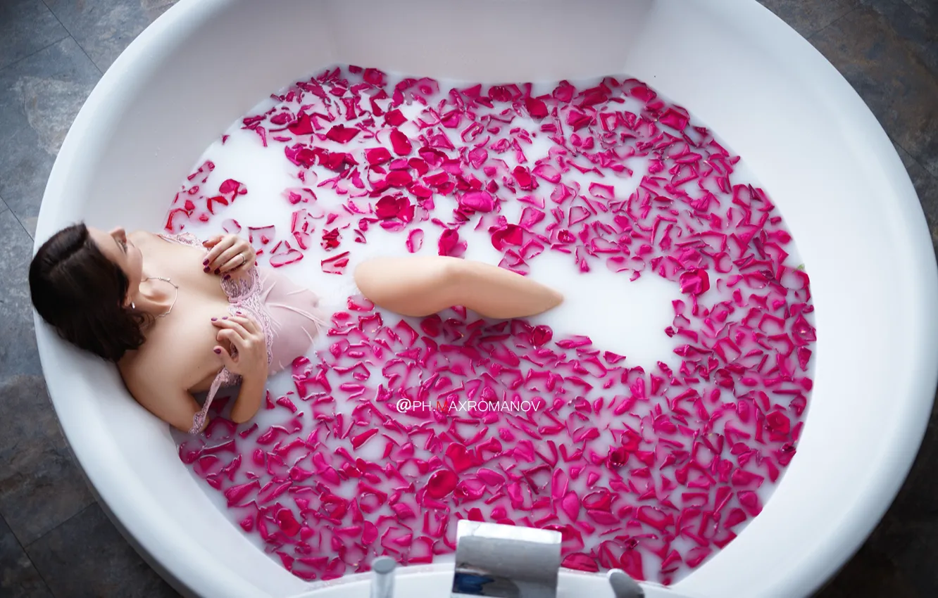 Photo wallpaper Girl, petals, bath, Maxim Romanov