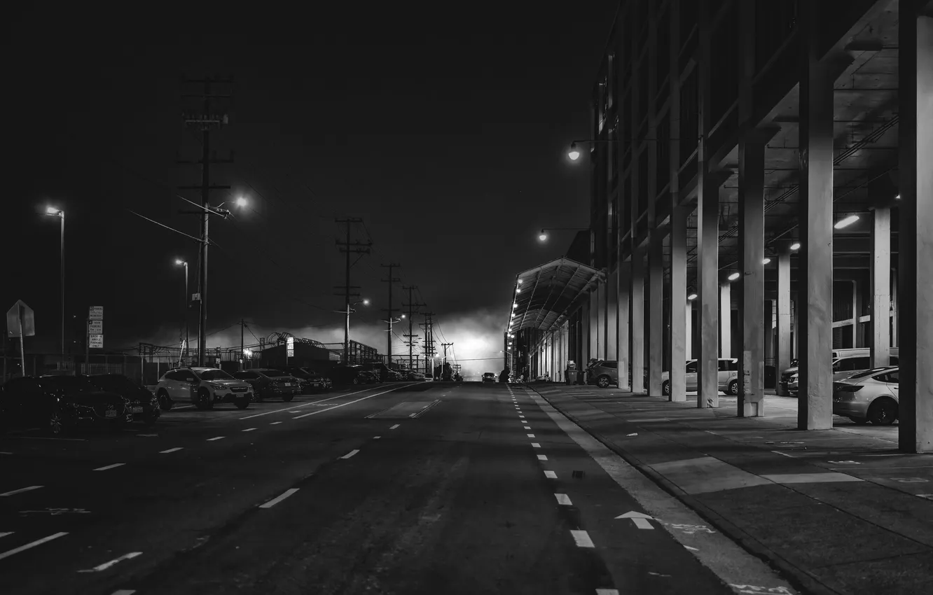 Photo wallpaper road, machine, night, the city, house, street, the building, black and white
