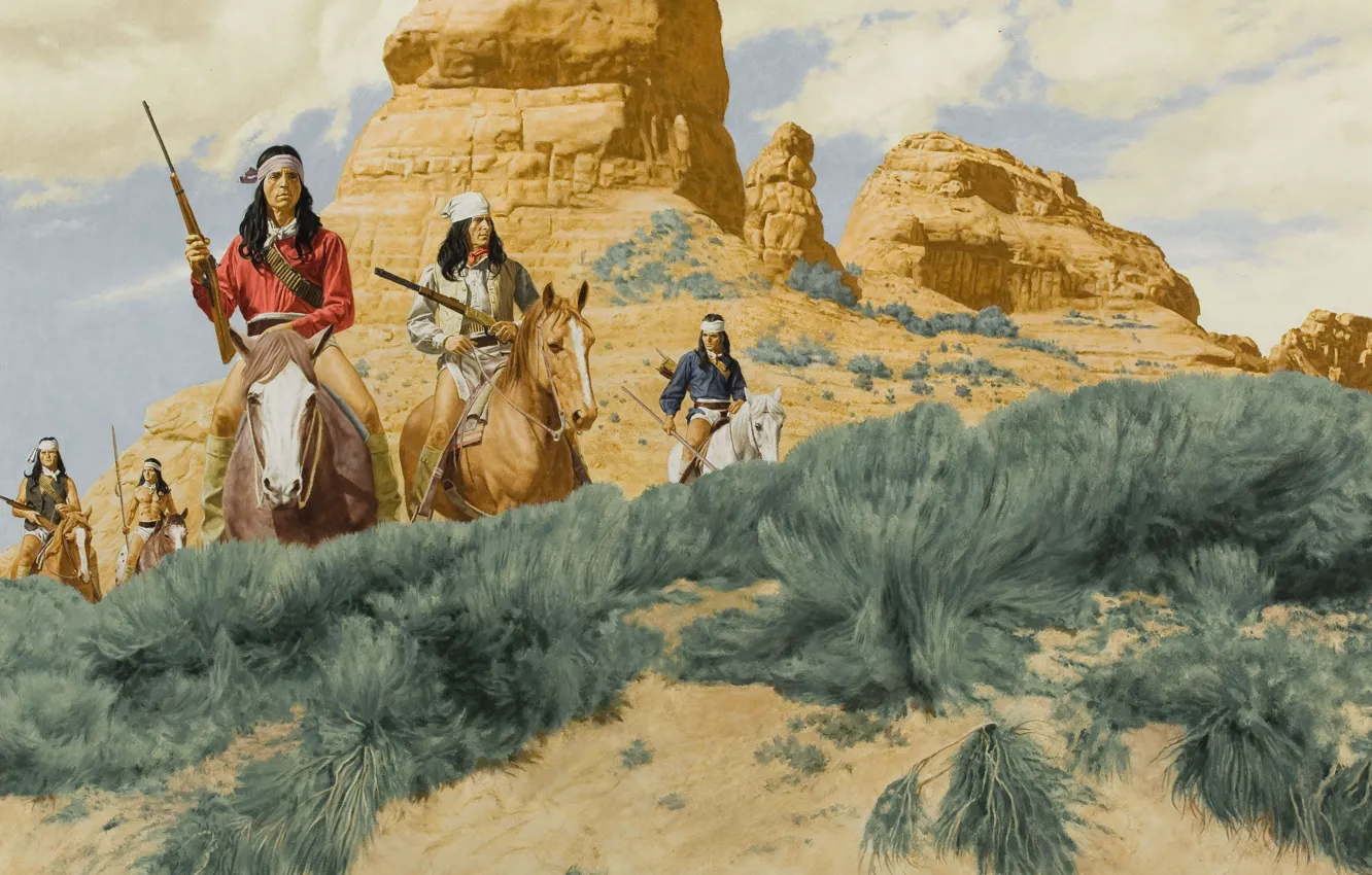 Photo wallpaper figure, horses, guns, the Indians, riders