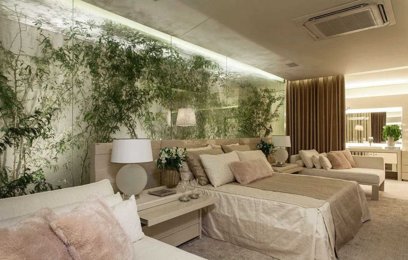 Photo wallpaper photo, room, sofa, wall, plant, bed, interior, table