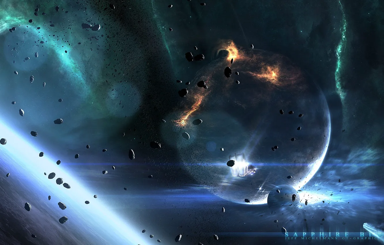 Photo wallpaper space, stars, ship, planet, asteroids, space, stars, planets