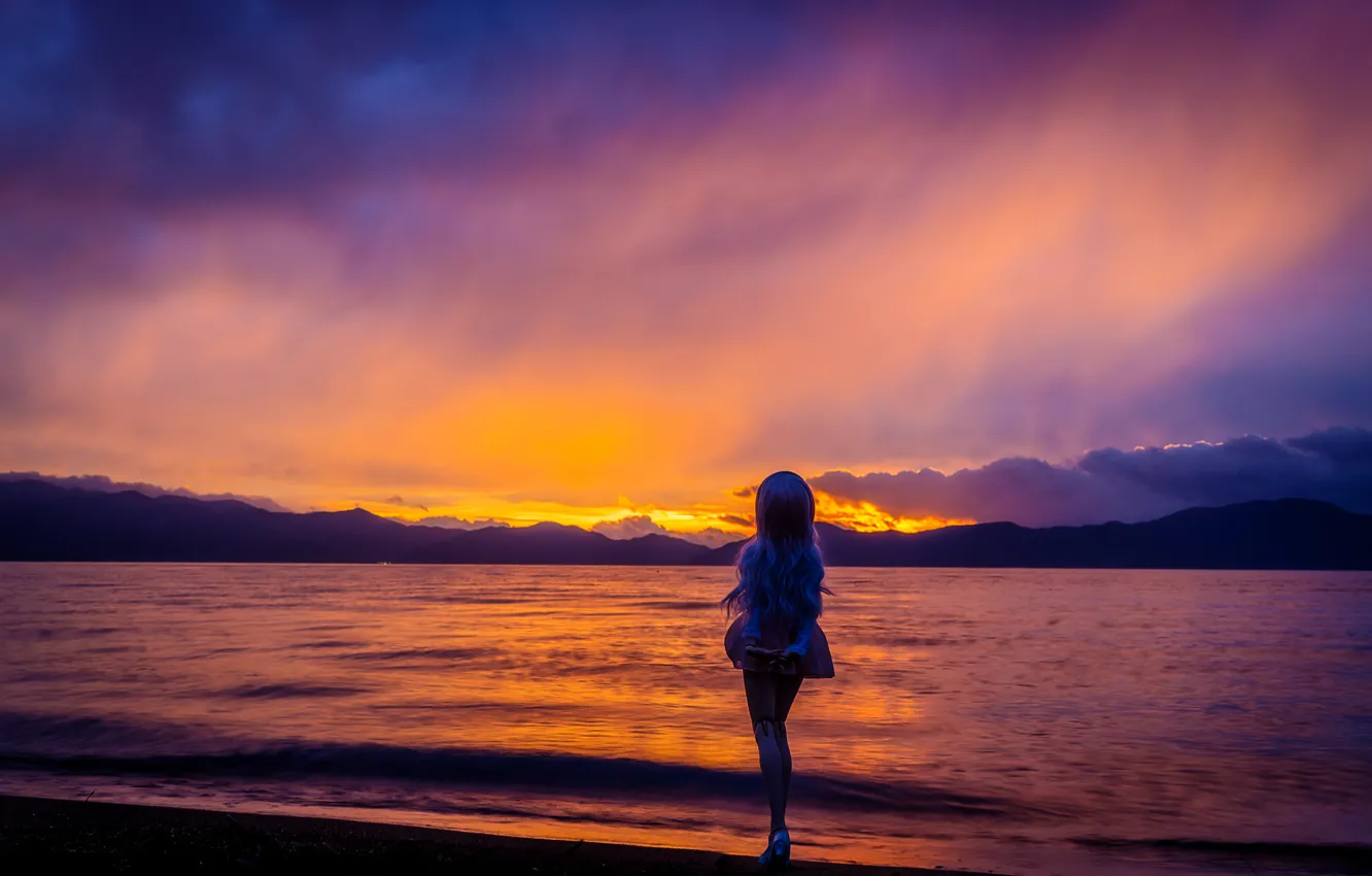 Photo wallpaper sea, the sky, sunset, toy, doll, blonde