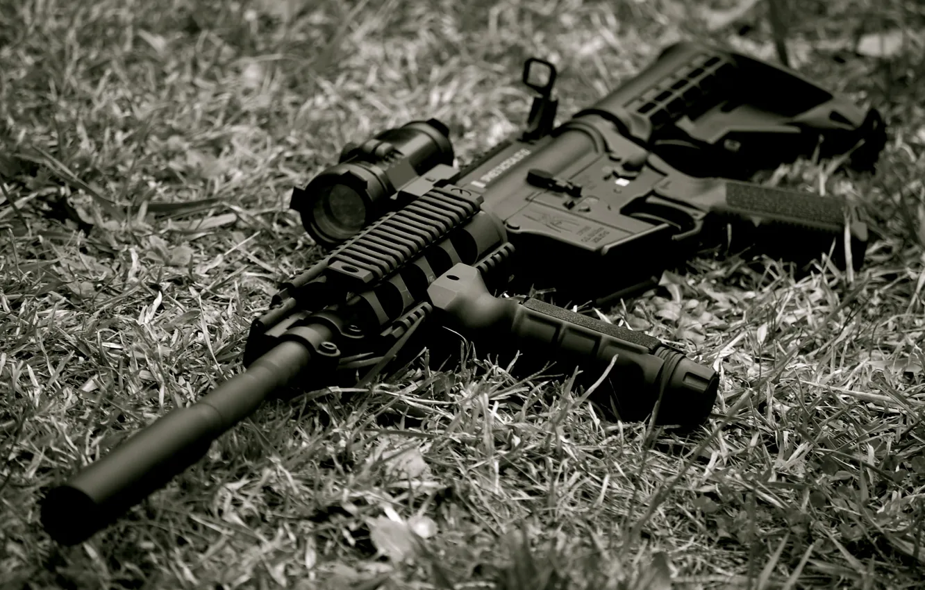 Photo wallpaper grass, machine, assault rifle