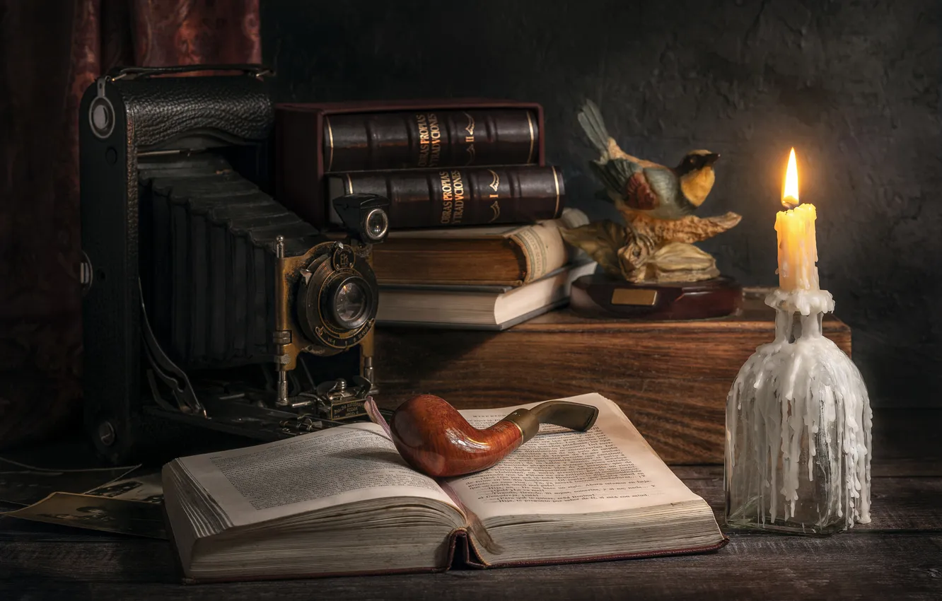 Photo wallpaper candles, book, still life, the camera, Smoking pipe