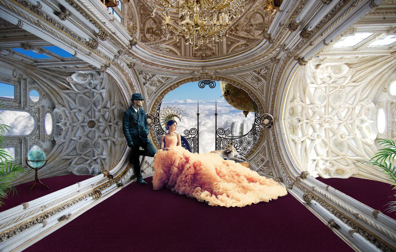 Photo wallpaper girl, clouds, rendering, view, height, interior, dress, pair