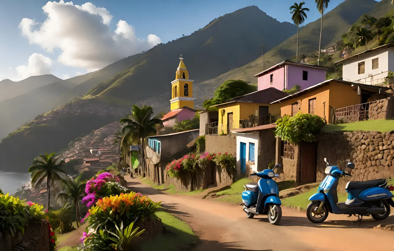 Photo wallpaper sea, the sky, flowers, mountains, transport, figure, the author of the visual aid