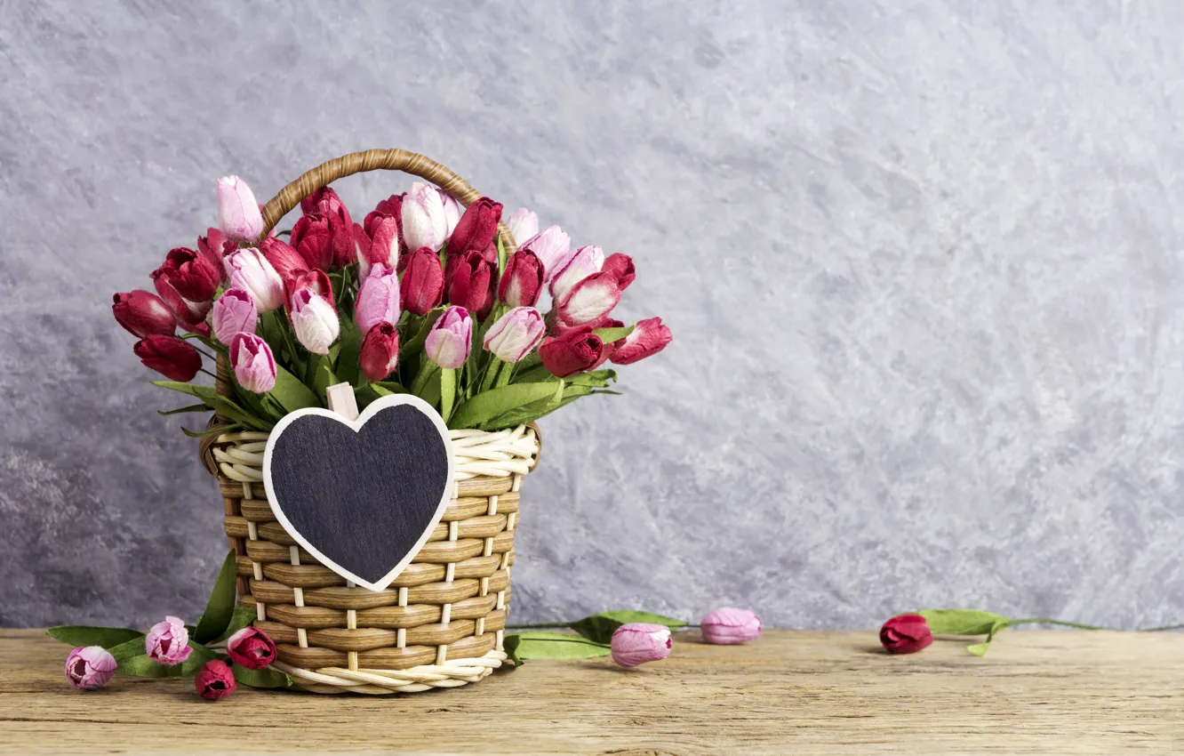 Photo wallpaper love, flowers, heart, tulips, love, pink, basket, vintage
