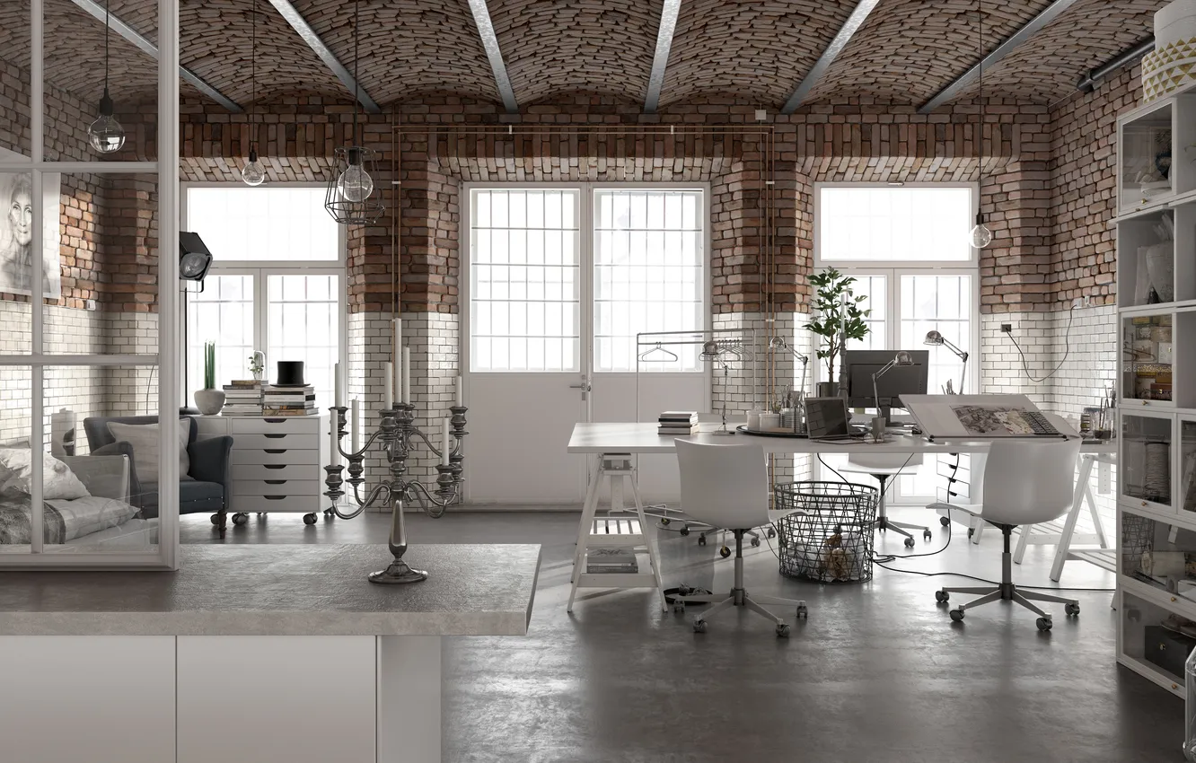 Photo wallpaper style, interior, living room, living room, office, home office, loft, bitcoin