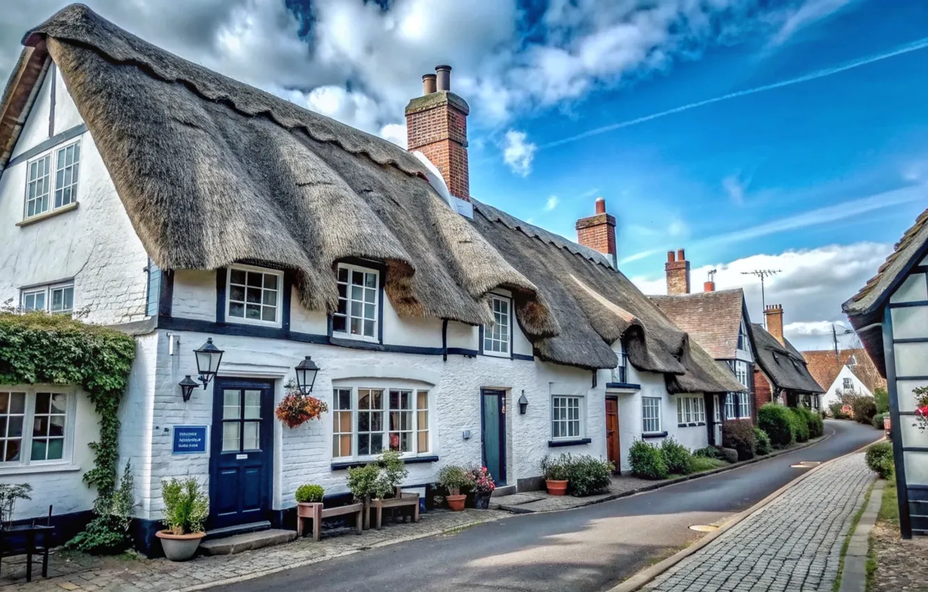 Photo wallpaper street, village, house, cottage, street, fabulous, village, cottage