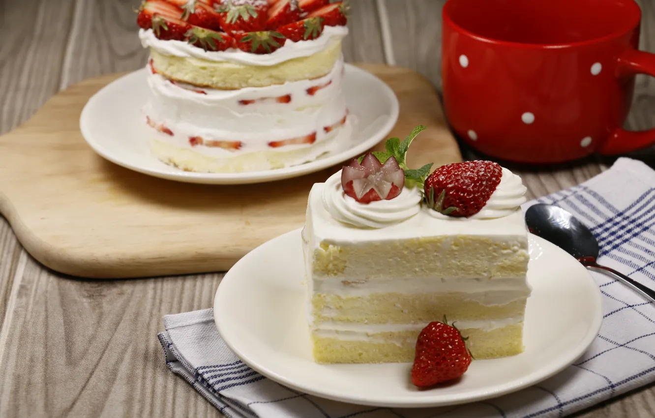 Photo wallpaper berries, table, tea, towel, strawberry, plate, spoon, mug