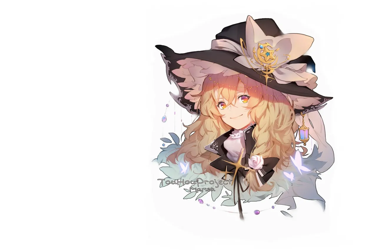 Photo wallpaper face, smile, butterfly, white background, braids, bow, suspension, brooch