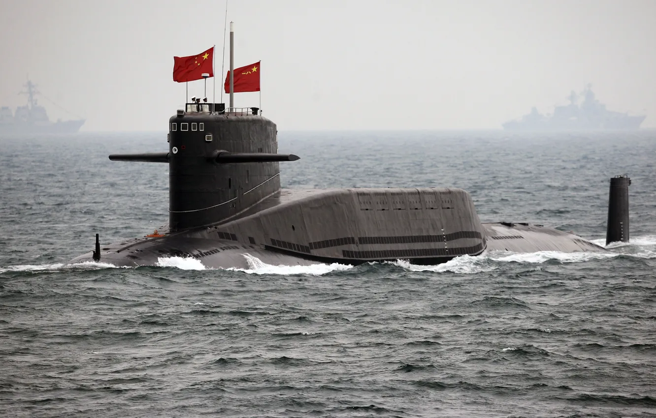 Photo wallpaper Wave, Flag, SSBN, Nuclear submarine, THE CHINESE NAVY, Submarines of project 094 "Jin"