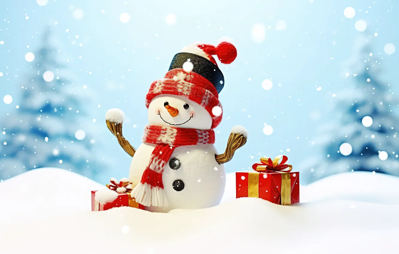 Photo wallpaper winter, snow, snowflakes, New Year, Christmas, snowman, happy, Christmas