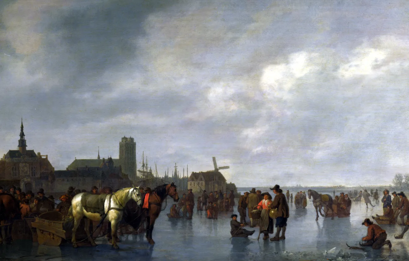 Photo wallpaper landscape, people, picture, Abraham van Calraet, Scene on the Ice near Dordrecht, Abraham van Kallrath