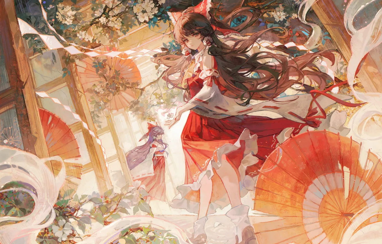 Photo wallpaper girl, flowers, umbrella, two, Hakurei Reimu, Touhou Project