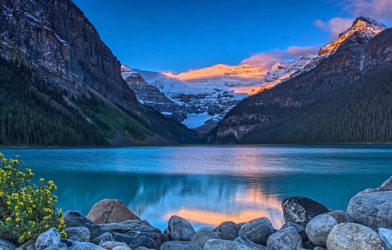 Wallpaper stones, Canada, dawn, forest, lake, shore, winter, mountains ...