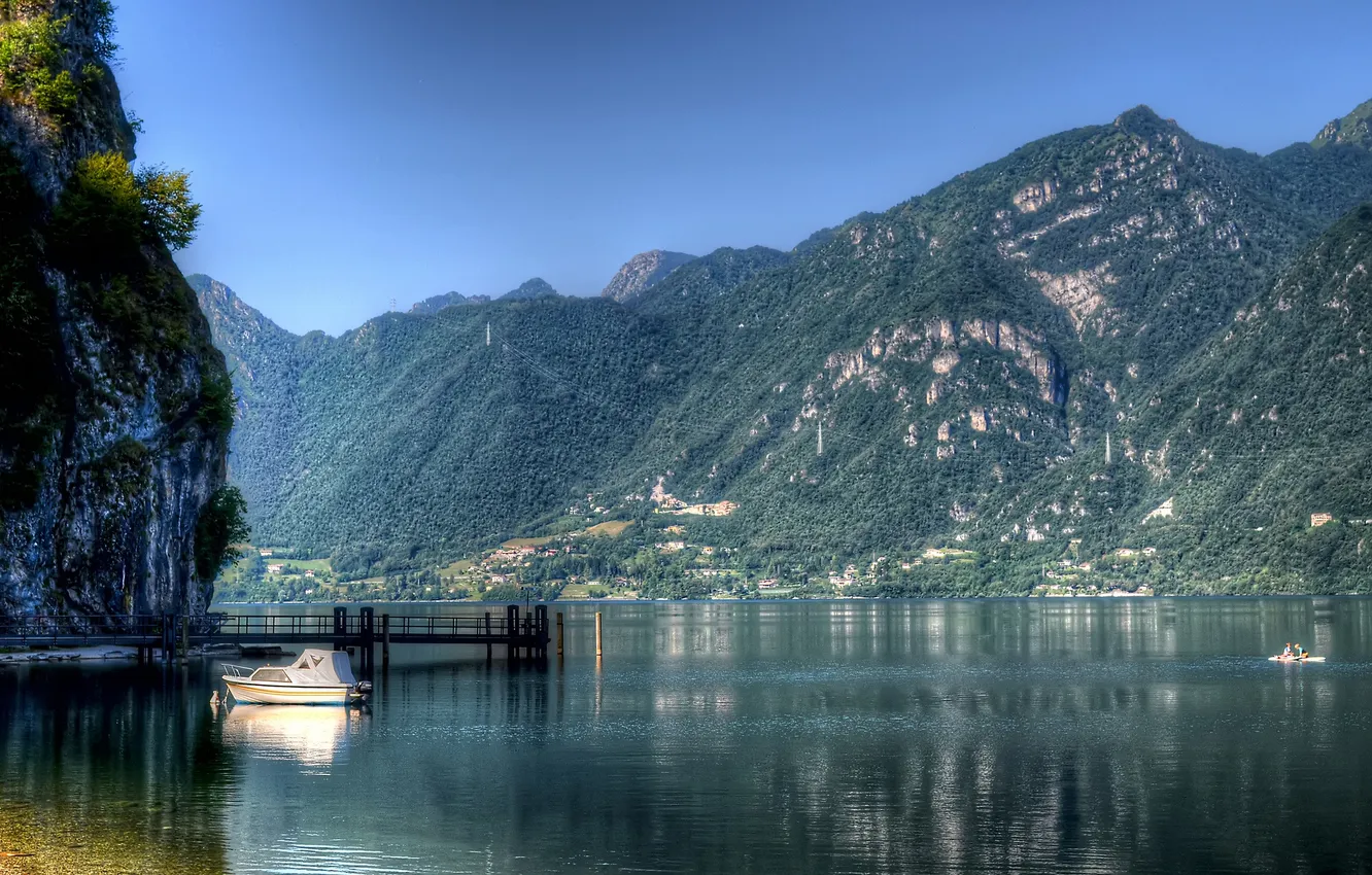 Photo wallpaper forest, mountains, lake, yacht