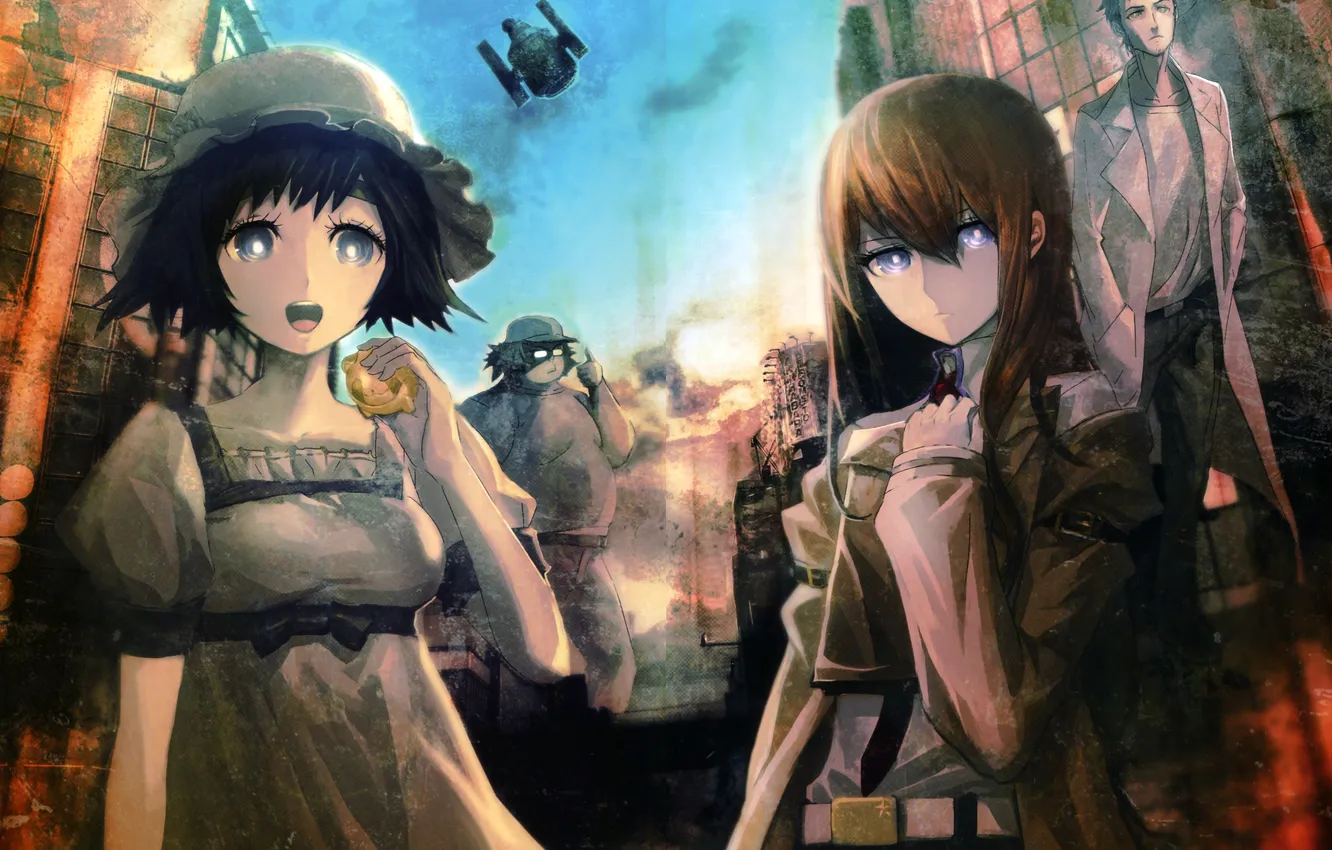 Photo wallpaper steins gate, makise kurisu, okabe rintarou, shiina mayuri, hashida itaru